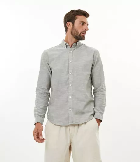 Camisa Slim em Algodão Manga Longa com Fundo Mescla Verde