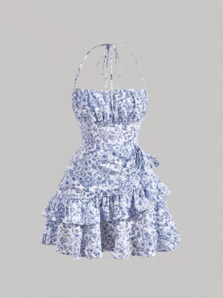 SHEIN MOD Impressão Floral Acabamento De Babados Amarrado Sem Costas Busto Franzido Em Camadas Vestido De Cabresto