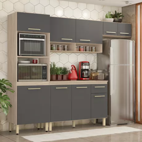 Cozinha Compacta 4 Peças Dama Avena/ Grafito- Demóbile - Cozinha Compacta 4 Peças Dama Avena.
