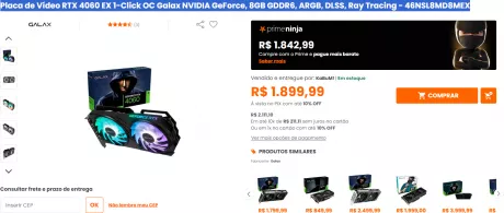 Placa de Vídeo RTX 4060 EX 1-Click OC Galax NVIDIA GeForce, 8GB GDDR6, ARGB, DLSS, Ray Tracing - 46NSL8MD8MEX