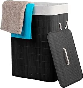 Cesto de Roupas Bambu 57L / 60L / 104L Redondo Retangular Duplo Banheiro Lavanderia Com Tampa Bambu Preto Cesto Roupas Sujas Grande Cesto de Roupas Retangular Forrado Com Alças (Preto, 60L) | Amazon.com.br