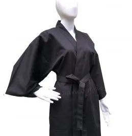 Unifarbener schwarzer Kimono Bademantel Tsumugi Shinpuru aus dicker Shantung-Baumwolle für Sie und Ihn