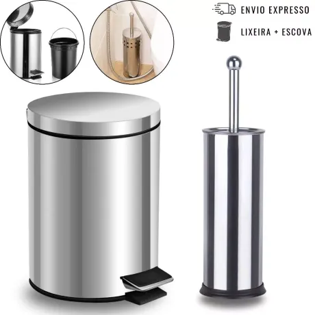 Kit Lixeira Inox + Escova Sanitária Inox Cesto Removível e Pedal - R$49,90