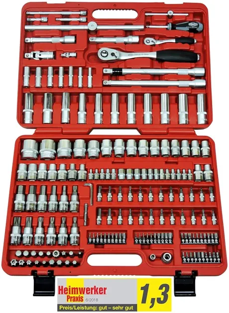 FAMEX 525-SD-16 Mechaniker-Steckschlüsselsatz - 108-Zahn Feinzahn Knarren - Schwenkverlängerungen - Verriegelungsmechanik - Wellenprofil - Bit-Einsätze - 4-32mm - 174-teilig