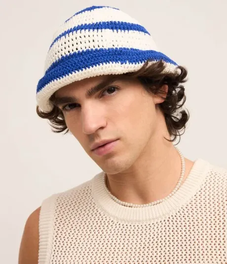 Chapéu Bucket Listrado em Tricô com Efeito Crochê Branco/Azul