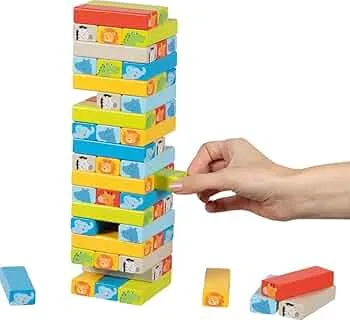 goki 56297 - Wobble Tower with Animal Motifs and Wooden Motif Cube - 55 Piece Skill Game for Children: Amazon.de: Toys