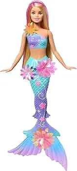 Barbie Meerjungfrauen-Spielzeugpuppe mit magischer Überraschungsblüte, Schwanzflosse mit Farbverlauf, perlenbesetztem Haarreif und langem blonden Haar mit rosa Strähchen, JDM72: Amazon.de: Spielzeug