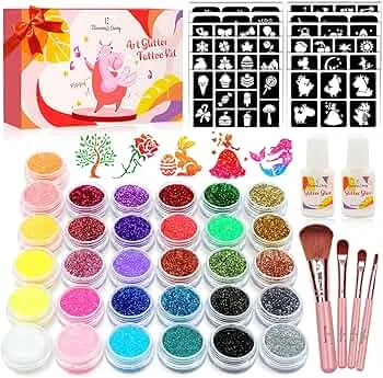 Glitzer Tattoo Set Mädchen, Tattoo Kinder, Eleanore's Diary 31 Biologisch abbaubarer Glitzer, Temporäre Tattoo Kit, Glitzertattoos Kinder Set, 165 Schablonen, 4 Pinsel, 2 Kleber, Geschenk Mädchen ab 3 : Amazon.de: Spielzeug